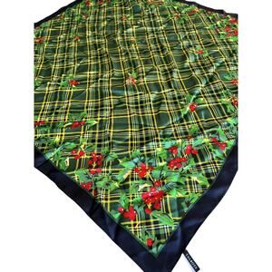 Talbots 100% Silk Scarf Christmas Holly & Tartan Plaid Green Navy 34” Square